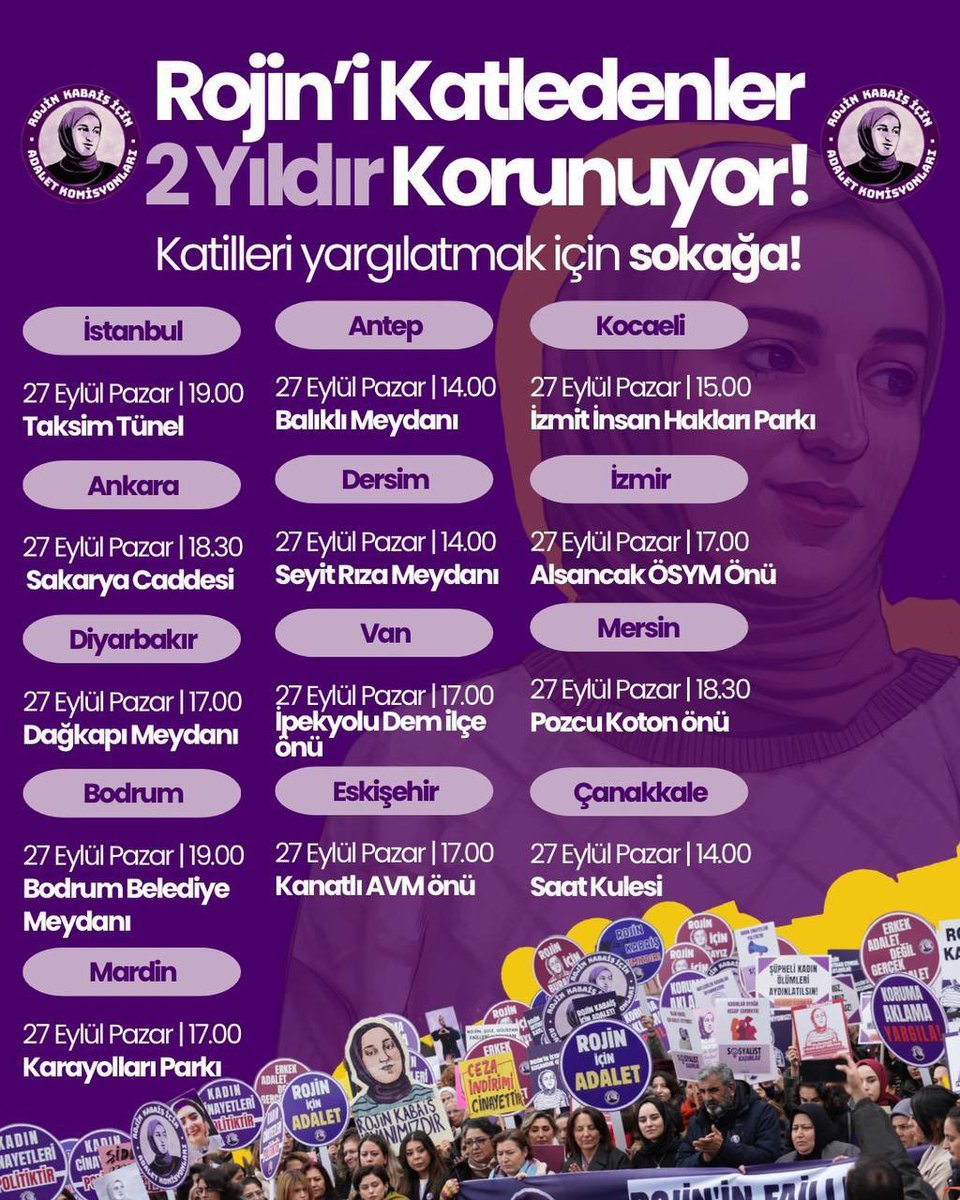 avkrblt's tweet photo. Yarın (Pazar günü) 18.00’de Ankara Sakarya Caddesi’ndeyim.

13 şehirde aynı anda Rojin için adalet diyeceğiz.

Faili meçhul cinayetler aydınlatılsın, çocuklarımız güvende olsun.

Paylaşın,katılın, adalet çağrısını büyütelim!

Rojin Türkiye'nin ortak vicdanıdır. https://t.co/tUyUdKxWNk