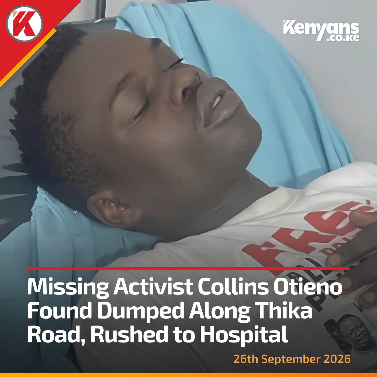 championBenjah's tweet photo. Activists Collins OTIENO found dumped along THIKA Road.

Same Staff was Done to Mulinge Muteti recently.

So they expect us to shout Tutam  down our throats.

I  wonder whether after abduction these people do recover from These traumas

#stopabductionkenya https://t.co/FuZ8mNtwAs