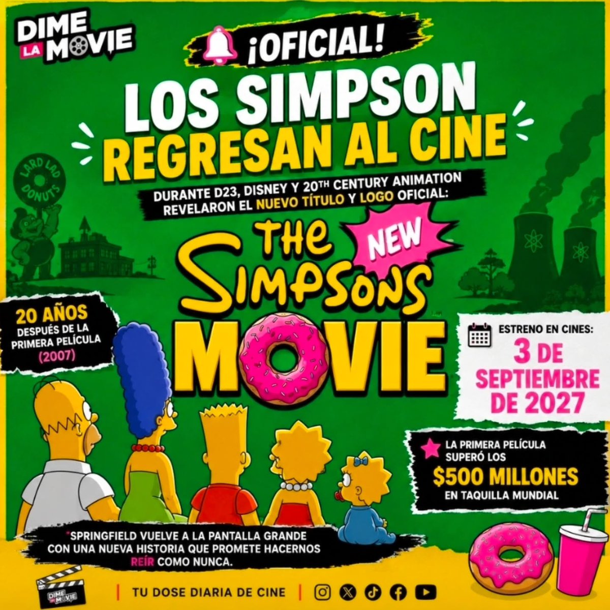 meninanomade's tweet photo. صورة من @dimelamovie بتاريخ 15 أغسطس 2026. قد تكون ملصقًا يعلن عودة عائلة سيمبسون إلى السينما بفيلم جديد يُعرض في 3 سبتمبر 2027. https://t.co/ldBLHxR8zt