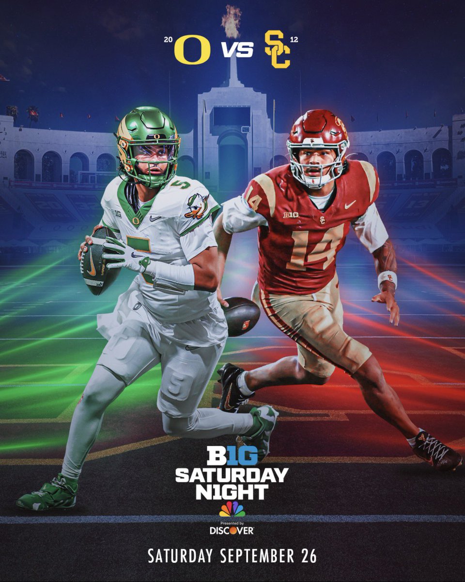 NBCSports's tweet photo. The eyes of college football turn to the Coliseum. 🤩

📺 Big Ten Football: Oregon vs USC on NBC and Peacock https://t.co/SzFv8dE81P