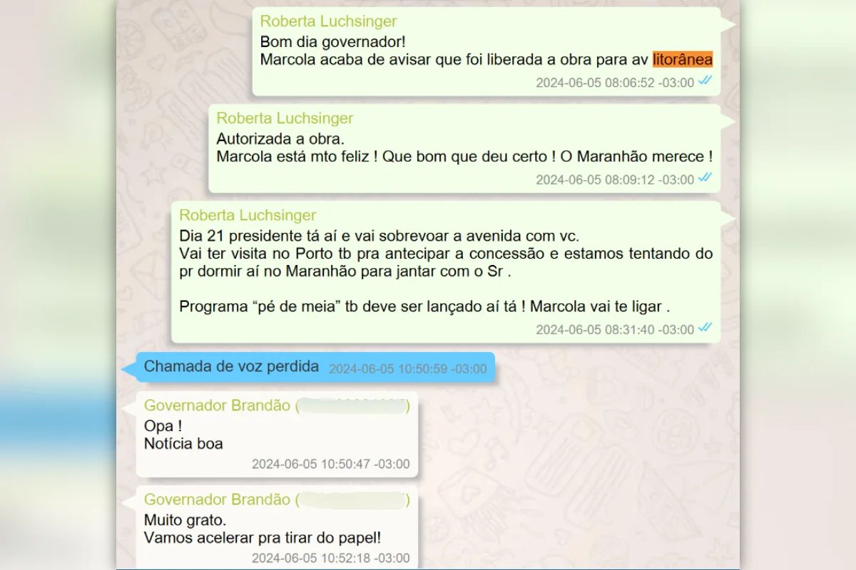 SodLinda's tweet photo. 💥Olha o Lula! Mensagens no celular de Roberta Luchsinger mostram diálogo entre ela e o Governador do Maranhão sobre a liberação de verbas para obras no Estado: "Rui (Costa) negou mas ele (Lula) botou o pau na mesa e mandou fazer"_ Tudo leva a crer que Lula é o Chefe do Esquema! https://t.co/ZiU7kcYJF7