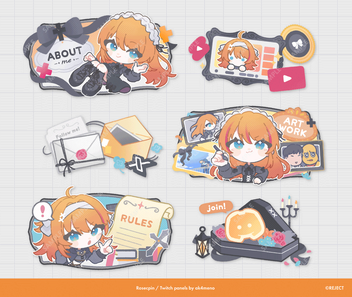 ak4meno's tweet photo. ❮ 🧡 - Twitch Panels ❯      
ろぜっくぴん様 (@rosec_pin) のTwitchパネルイラストを制作させていただきました！   
本日はお誕生日おめでとうございます➕✨
#Commission https://t.co/hgK0IPEbvm