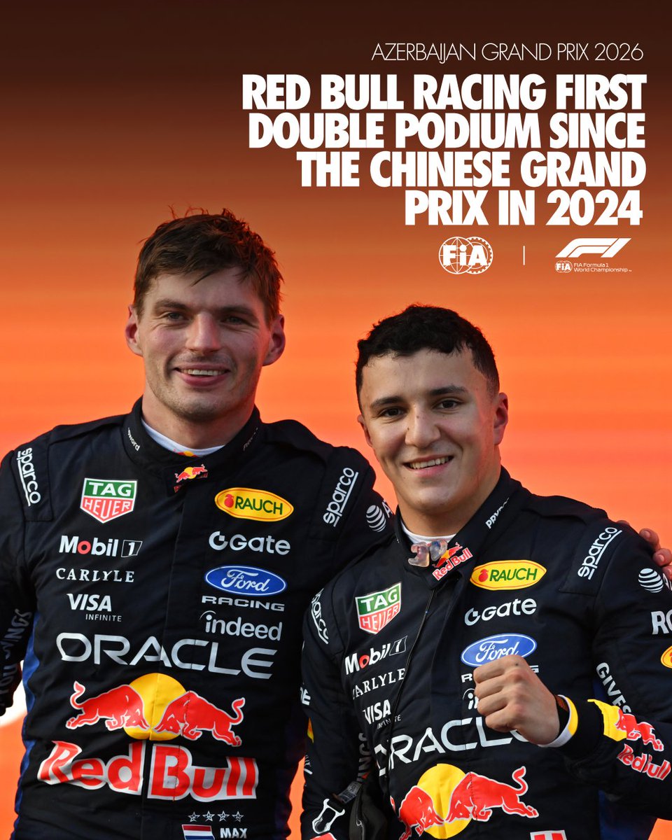 fia's tweet photo. A Red Bull Racing double podium🏆🏆

The team’s first since the 2024 Chinese Grand Prix, as both drivers finish on the podium in Baku 🇦🇿

#FIA #F1 #AzerbaijanGP https://t.co/uGwWhLHaS8