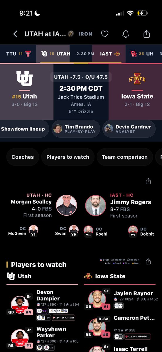 ironfbstats's tweet photo. Utah has scored 30 or more in 9 straight games, the longest active streak in FBS.

Iowa State has allowed 17 or fewer in 6 straight.

Each is that program's longest run in our data since 2000. One ends today. https://t.co/cw65FK94Rp