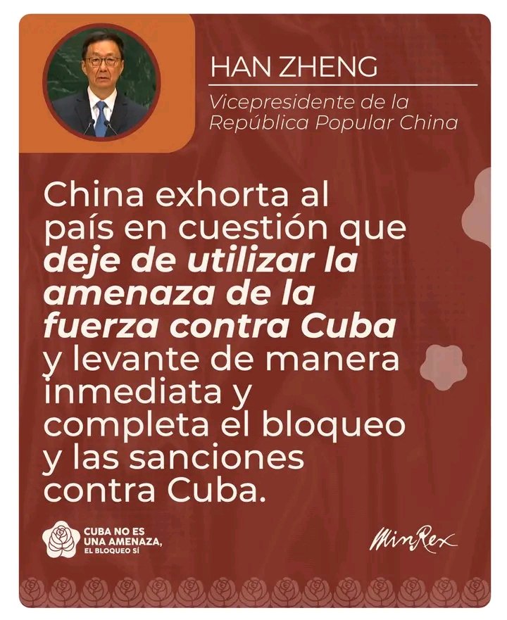 milian_mileydi's tweet photo. De @BrunoRguezP " Agradecemos al vicepresidente de la República Popular China 🇨🇳  por denunciar las amenazas de agresión militar contra nuestro país y por pedir el levantamiento inmediato del criminal bloqueo estadounidense contra Cuba.
#CubaNoEsUnaAmenaza, el bloqueo  sí." https://t.co/iyqwxWoBkX