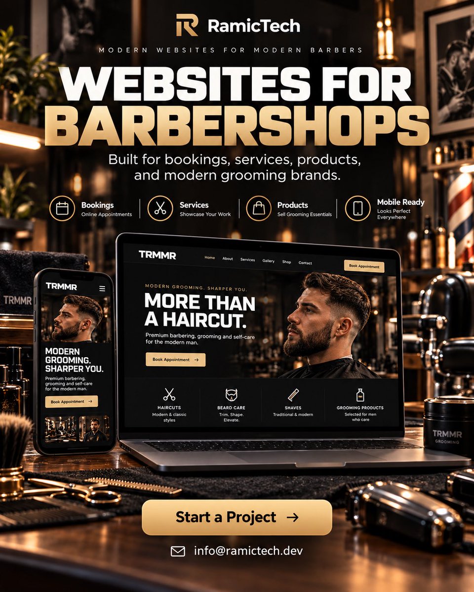 RamicTech's tweet photo. YOUR BARBERSHOP DESERVES MORE THAN A BASIC WEBSITE.

I build modern websites for barbershops and grooming businesses designed around your services, pricing, gallery, bookings, location, and mobile experience.

✓ Professional custom design
✓ Mobile optimized
✓ Services & pricing
✓ Booking integration
✓ Google/search setup
✓ Fast launch

Websites from $800.

Want to see what I could build for your shop?
DM me “WEBSITE” and I’ll send you an example.

#Barbershop #BarberShop #BarberBusiness #BarberMarketing #BarberWebsite #MensGrooming #Barbers #SmallBusiness #WebsiteDesign #WebDesigner #RamicTech
