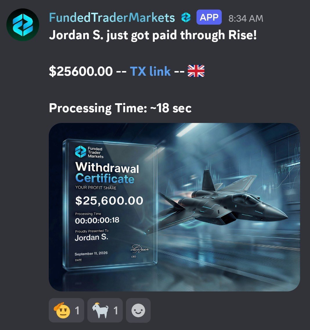 FRFUNDEDEMPIRE's tweet photo. 🚨 FTM payouts are seriously fast.

Seeing payouts like $25,600 in 18 seconds and $5,040 in around 33 seconds is impressive. ⚡

Fast processing + smooth payouts are exactly what traders want from a prop firm.

I’d genuinely love to work more closely with @FTMarketsLive and document the full journey for my community.

Big respect to @Ye_FTM and the FTM team. 🚀