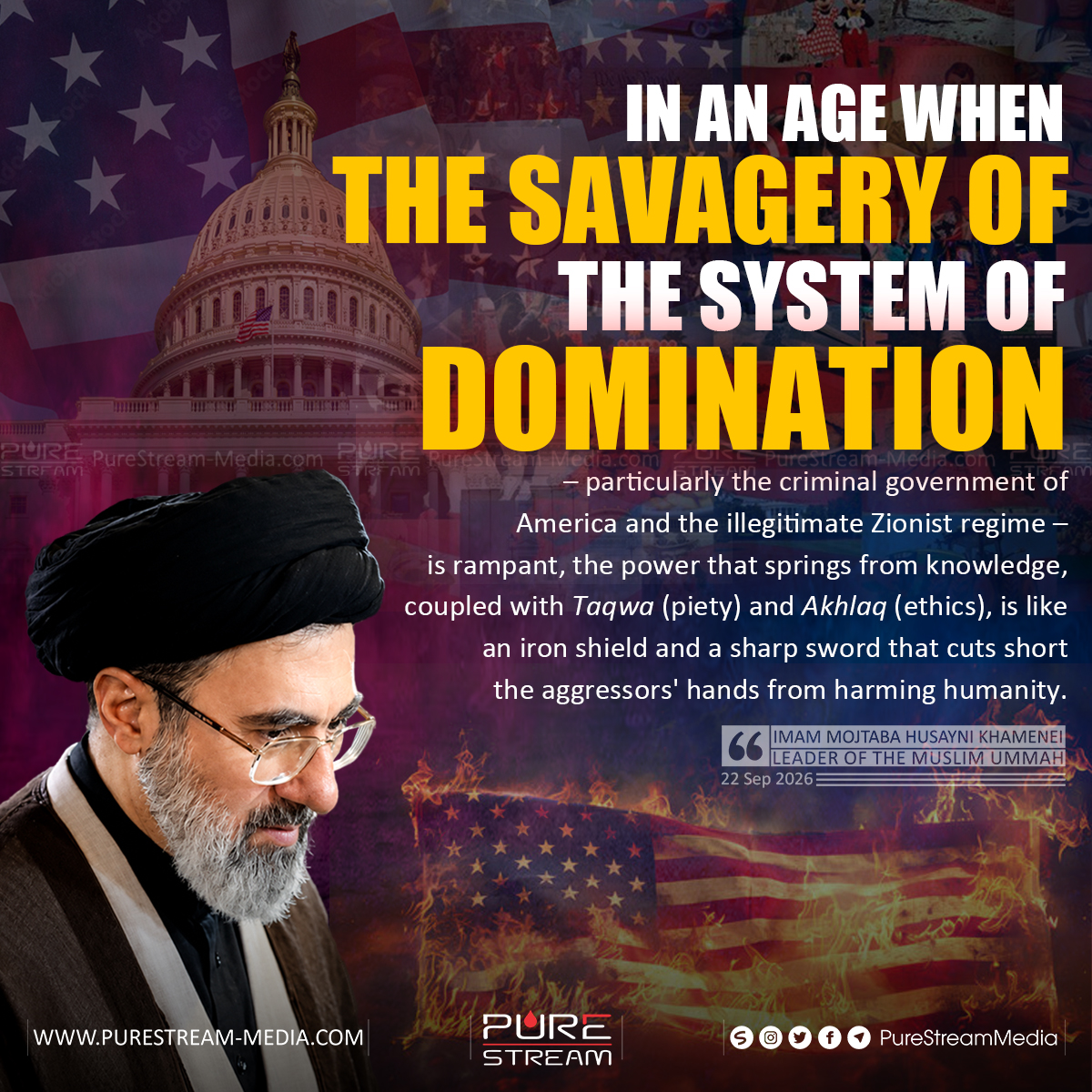 PureStream02's tweet photo. In an age when the savagery of the system of domination – particularly the criminal government of America and the illegitimate Zionist regime – is rampant, the power that springs from knowledge, coupled with Taqwa (piety) and Akhlaq (ethics), is like an iron shield and... https://t.co/dgf01Qtv2Z