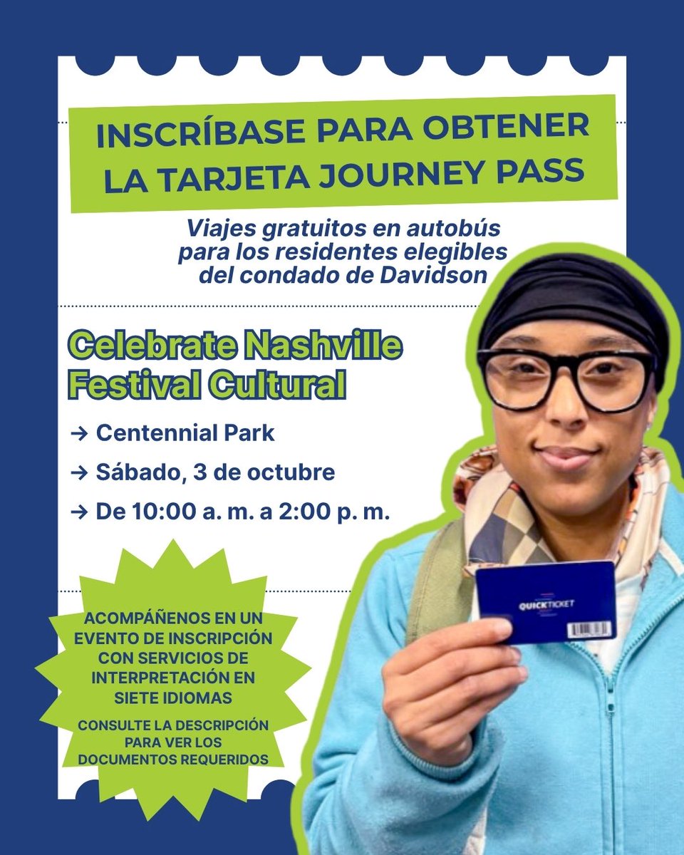 WeGoTransit's tweet photo. Join WeGo and Choose How You Move at a Journey Pass registration event with translation available in key languages spoken in the area. 

Visit us at Centennial Park Saturday, 10/3 to see if you’re eligible for free bus fare through the Journey Pass program. Qualified Davidson County residents can receive assistance and complete their registration on the spot. 🤝

Bring a valid photo ID and eligibility documentation from one of the following groups:
 
-Housing Choice Voucher Program
-Low-Income Home Energy Assistance Program
-Metro Action Commission
-MDHA
-Metro Social Services
-SNAP
-TANF
-TennCare Medicaid
-WIC Program
 
Journey Pass has already provided nearly 3 million free trips. 🙌 Learn more about the program here: https://t.co/4bUhtnYmow