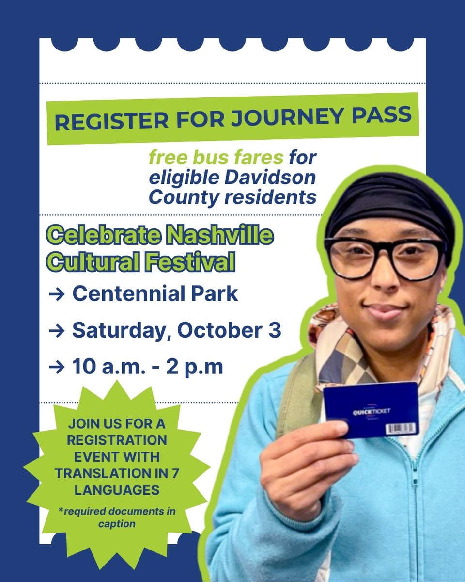 WeGoTransit's tweet photo. Join WeGo and Choose How You Move at a Journey Pass registration event with translation available in key languages spoken in the area. 

Visit us at Centennial Park Saturday, 10/3 to see if you’re eligible for free bus fare through the Journey Pass program. Qualified Davidson County residents can receive assistance and complete their registration on the spot. 🤝

Bring a valid photo ID and eligibility documentation from one of the following groups:
 
-Housing Choice Voucher Program
-Low-Income Home Energy Assistance Program
-Metro Action Commission
-MDHA
-Metro Social Services
-SNAP
-TANF
-TennCare Medicaid
-WIC Program
 
Journey Pass has already provided nearly 3 million free trips. 🙌 Learn more about the program here: https://t.co/4bUhtnYmow