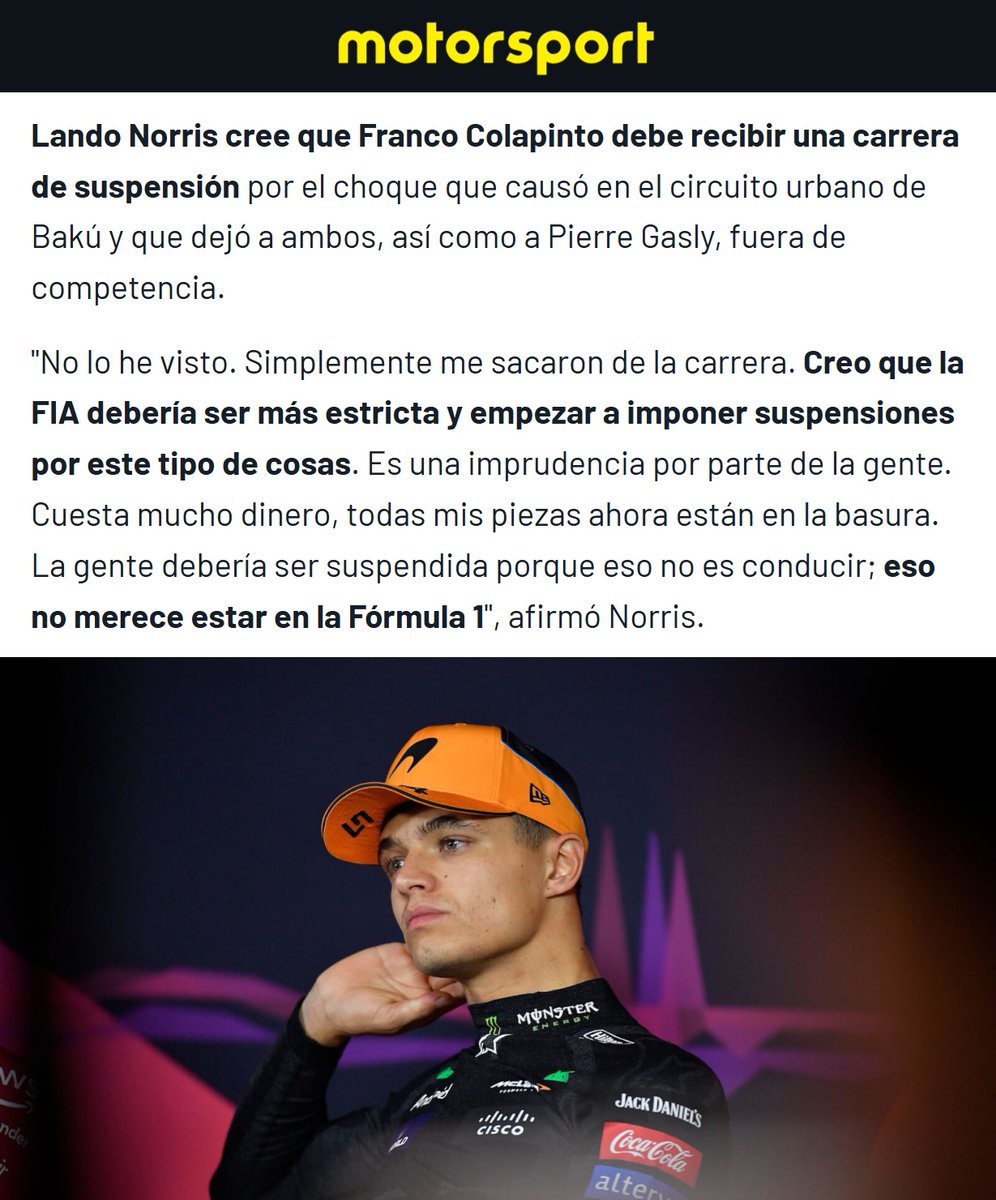 porquetendencia's tweet photo. "RACE BAN":
Porque Lando Norris pidió que Franco Colapinto sea suspendido tras el choque en el #AzerbaijanGP https://t.co/qvMidIWtLb