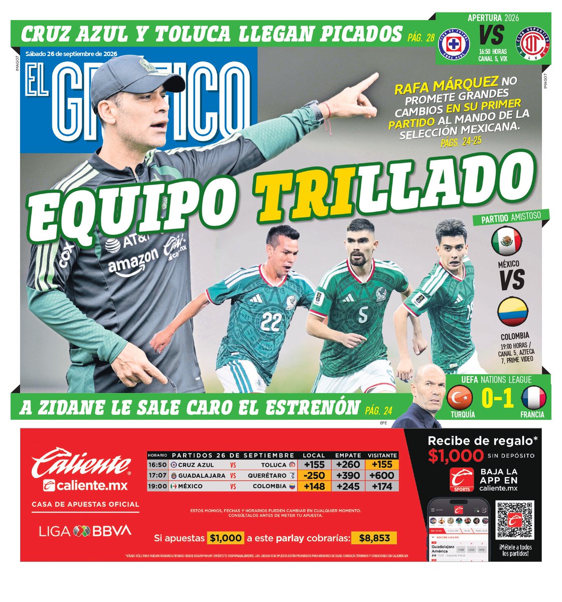 elgmx's tweet photo. ☀️¡Buenos días! #FelizSábado para todos nuestros lectores. Hoy en #Portada de #ElGráfico
⚽️ La selección mexicana enfrentara a Colombia, será el primer duelo al mando de Rafa Márquez
📲 Más noticias: https://t.co/71TBT66xgf https://t.co/cMxCSpF9hS