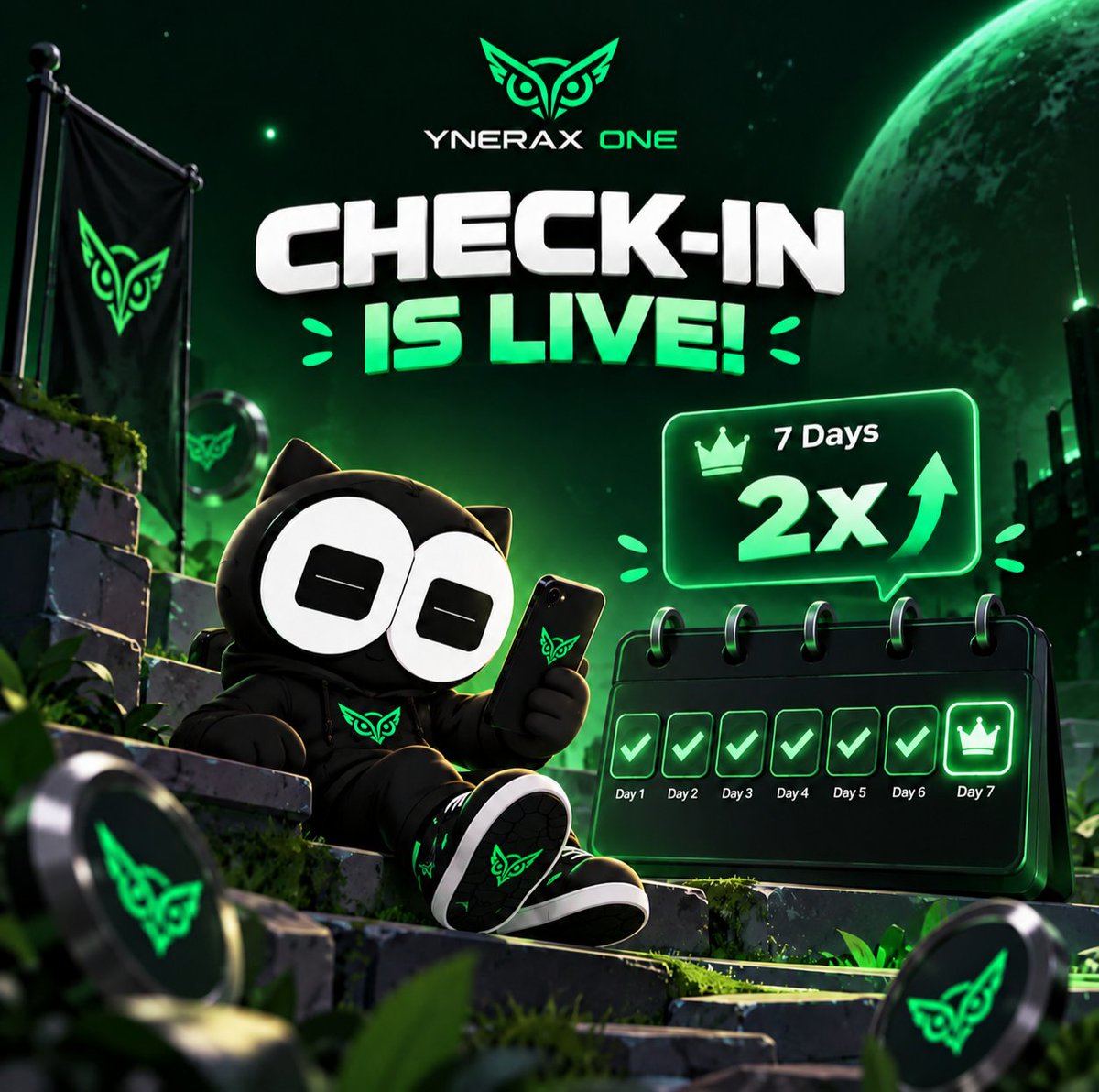 yneraxone's tweet photo. 🚨On-Chain Check-In Is LIVE

We’ve noticed an increase in fake referrals, so we’ve introduced On-Chain Check-In to help identify real users and reward genuine activity.

⛓️ Check in on:
• BNB Chain
• Robinhood Chain
• Base Chain

🎯 Daily Check-In: +100 Points
Multiplier:
Day 1 → 1.2×
Day 2 → 1.4×
Day 7 → 2.2×

Check in at least 3 days to qualify for rewards.