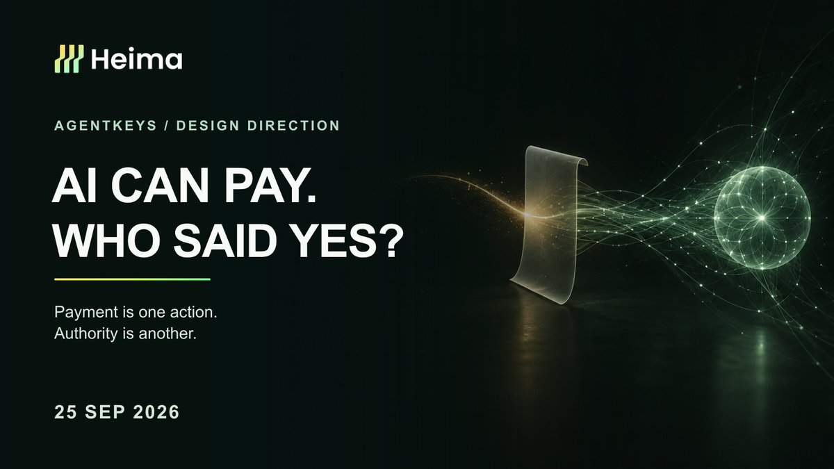 heimaNetwork's tweet photo. It is more clear that agents need to work together with blockchain.

An AI agent can pay without a blockchain. It could use a card, bank account, or payment API. A receipt would show that money moved. but it would not, by itself, answer whether the agent was allowed to make that purchase.

Before an agent pays, someone needs to define its authority: which agent, for whom, to which service, up to what amount, and until when? A larger or unusual payment may need a fresh human yes.

Afterward, people and services need a record they can both check. If every party keeps only its own private log, disagreements can become a contest of databases. This is where Heima matters to AgentKeys: its architecture treats permissions and revocations as shared chain state, with audit evidence anchored there. Sensitive context and payment details need not be public.

The money can still move on existing payment rails. Blockchain is not required for the act of paying; it is valuable when independent parties need the same tamper-evident history of who was permitted to do what.

⚠️ That record is not a magic safety switch. It cannot infer a person's true intent or reverse a bad purchase. Clear limits, human approval, safe execution, and recourse still matter.

🏠 AgentKeys is building toward accountable everyday agents, including family use. Agent-initiated payments are future work, not a live feature. The goal is simple: let agents help without making trust a blank check.