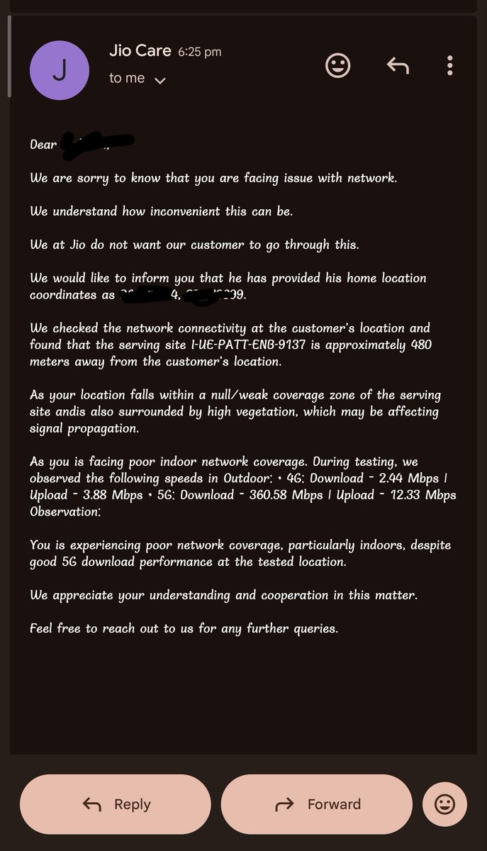 _RISHABH1208_'s tweet photo. After 8 months of fake ticket closures, @reliancejio officially admits on record 
My premises fall within a "Null/Weak coverage zone" from serving site I-UE-PATT-ENB-9137.  
Outdoor 4G throughput is severely throttled to merely 2.44 Mbps! https://t.co/6i4zWTOuE2