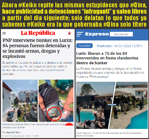 Santitos84's tweet photo. @MininterPeru Pura PAYASADA, mañana salen libres todos, solo propaganda nada mas, eso hacía #Keiko cuando gobernaba con #Dina de títere, abajo UN BOTON "84 detenidos con armas, drogas y explosivos, al dia siguiente salieron 75 y el resto después. No cambias PELONA https://t.co/6OF7crsQM1