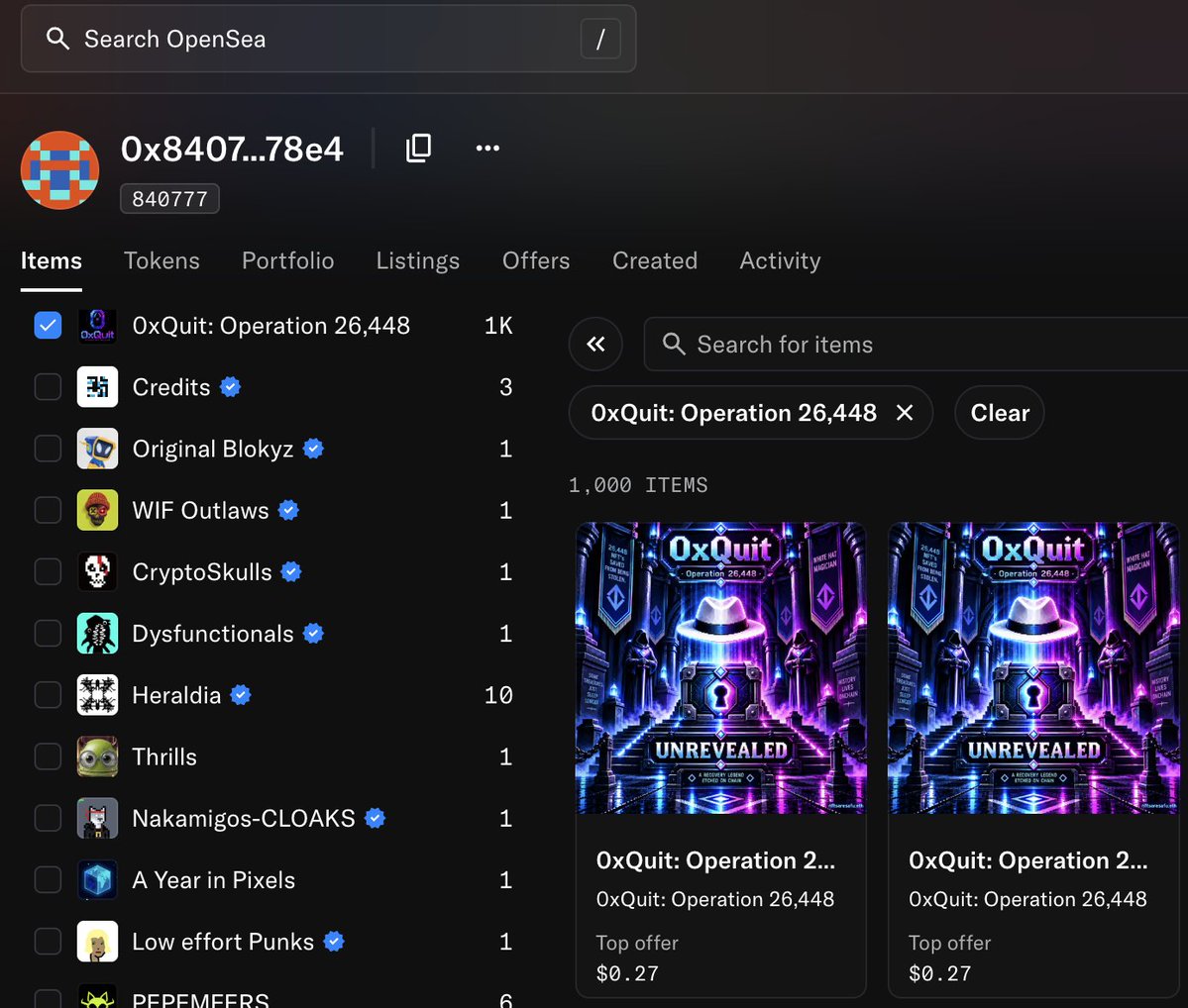 jafastar2's tweet photo. Look who owns 1,000 0xQuit: Operation 26,448 nfts now? None other than the GOAT @0xQuit . This is a thank you from the crypto world for saving alot of our asses on Sept 24th, 2026 from getting drained our valuable NFT's. 100% royalties will also go to you from secondary sir. https://t.co/gOt14jZi1T
