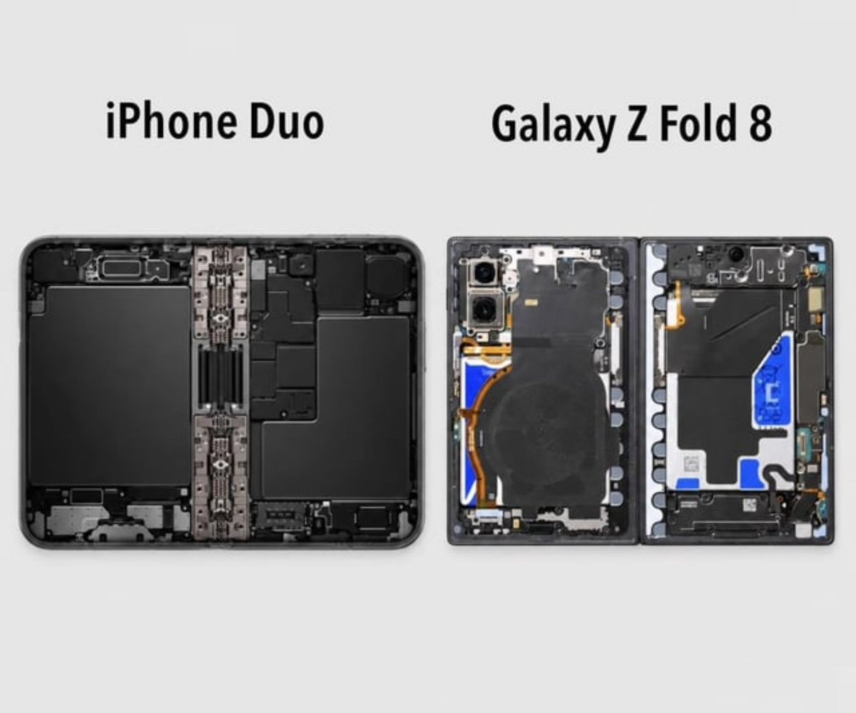 Samaytwt's tweet photo. iPhone Duo vs Samsung Z Fold 8 internals 

Not gonna lie, the iPhone Duo internals look way cleaner than the Z Fold 8 

Apple cooked with the internal design. https://t.co/Zw3qggm6lP