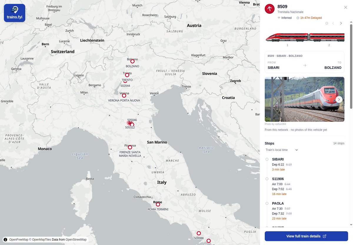 trainsfyi's tweet photo. Today's most delayed train on https://t.co/MnhEhApvpZ is Trenitalia Nazionale 8509 from SIBARI to BOLZANO. It is reported 1h 47m late. 🚆⏰ #trainsfyi #trains #TrenitaliaNazionale #SibariBolzano
https://t.co/QyNuFG55wB https://t.co/kS1BCLKAd4