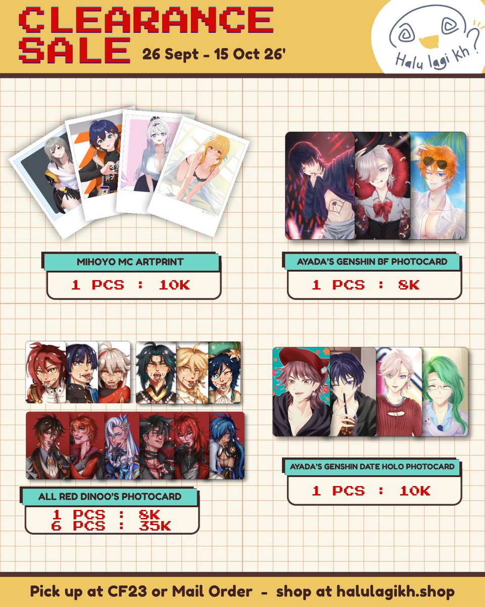 halulagikh's tweet photo. 💛&amp;🔁 Appreciated!!
CLEARANCE SALE BEFORE #CF23

📦 Pick up and mail order
Period : 26 sept - 15 Oct 2026
📍Circle Halu Lagi Kh? V-57
Fandom : Genshin, wuwa, cat, kamen rider
Shop : https://t.co/B2S1XUBbEK

#Comifuro23 #Comifuro23Catalogue
#CF23Catalogue https://t.co/GtaJVcmoco