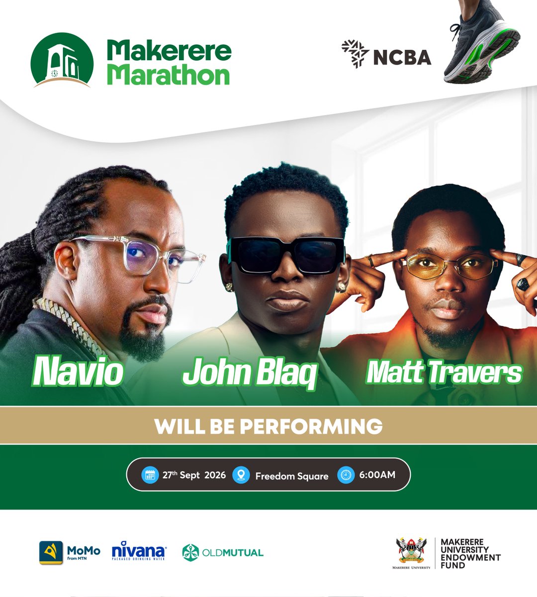 MakRun_Ug's tweet photo. The fun at the #2026MakMarathon won’t stop when you cross the finish line! 🔥🔥

Freedom Square is going to be on a stove 🔥🔥

@JohnBlaqMusic, @naviomusic and @MattTravers256 are turning up the vibes once the running is done.

Run hard. Finish strong. Then PARTY! 🏃🏾‍♂️➡️🎉 https://t.co/F9eUESPEy3
