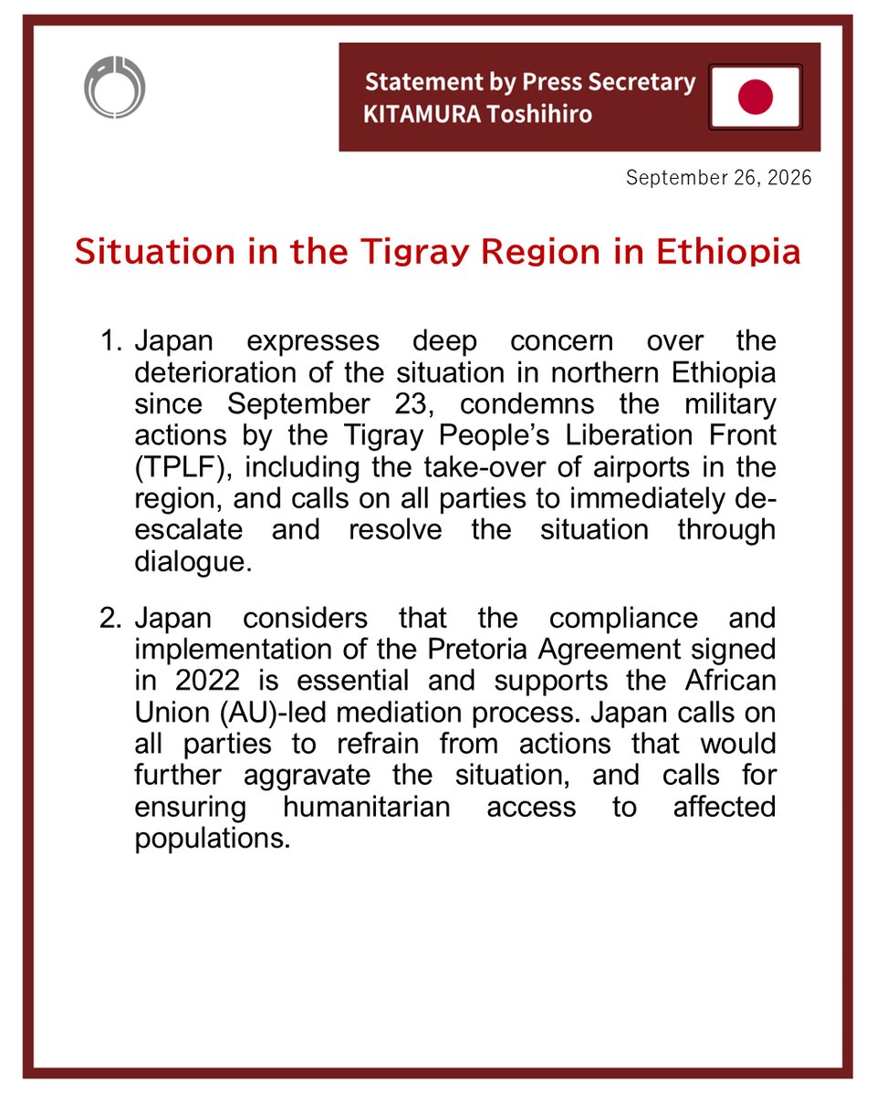 MofaJapan_en's tweet photo. Press Secretary KITAMURA issued the following statement regarding situation in the Tigray Region in Ethiopia.
https://t.co/ciLF6luoDm https://t.co/cPFhmRTiss
