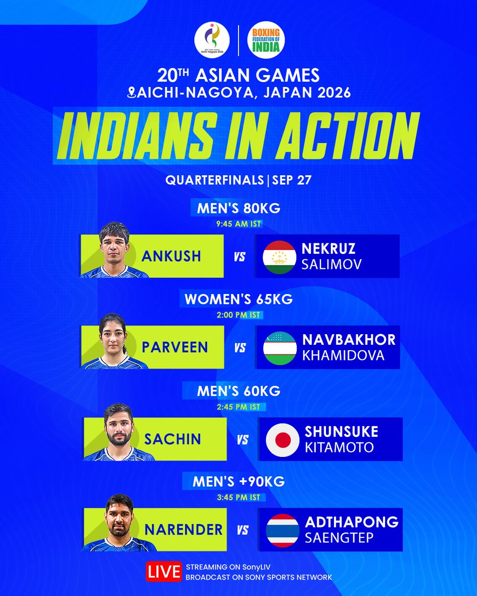 BFI_official's tweet photo. The battle gets even more intense from here! 🔥🥊

Here’s the lineup for Day 7 of the 2026 Asian Games. 🇮🇳

#IndianBoxing #AsianGames2026 https://t.co/EI0ovANQnP