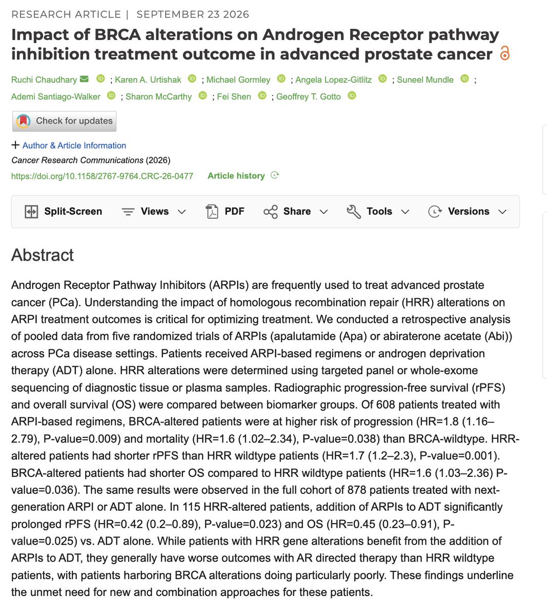 Adam_Weiner535's tweet photo. 🚨 In advanced #ProstateCancer, BRCA status correlates with response to AR-directed therapy 🚨

@CRC_AACR @AACR, pooled analysis of 5 randomized ARPI trials (apalutamide or abiraterone):

👥 608 pts on ARPI-based regimens, HRR status by tissue or plasma sequencing
📊 Retrospective pooled biomarker analysis, endpoints rPFS and OS

✅ BRCA-altered pts did worse on ARPIs: 
Progression HR 1.8 (1.16-2.79) p=0.009, 
Mortality HR 1.6 (1.02-2.34) p=0.038
✅ HRR-altered (any) had shorter 
rPFS, HR 1.7 (1.2-2.3), p=0.001
✅ HRR-altered men still benefit from intensifying: adding ARPI to ADT prolonged:
rPFS HR 0.42 (0.2-0.89)
OS HR 0.45 (0.23-0.91)

⚠️ Retrospective, ARPIs limited to Apa/Abi. Hypothesis-generating for combinations

🎯 HRR and especially BRCA alterations = aggressive biology, still, they benefit from ARPi benefits 

🔗 https://t.co/k21SoVamn9

@UroOnc @PCFnews @PCF_Science @SUO_YUO @UrologyTimes @urotoday