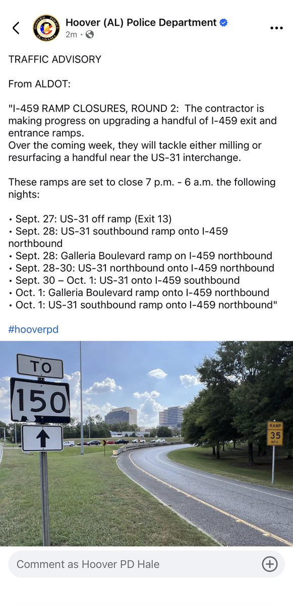 HooverPD's tweet photo. Traffic advisory
I 459 ramp closures, round 2
#hooverpd https://t.co/VKouv3Rl1G