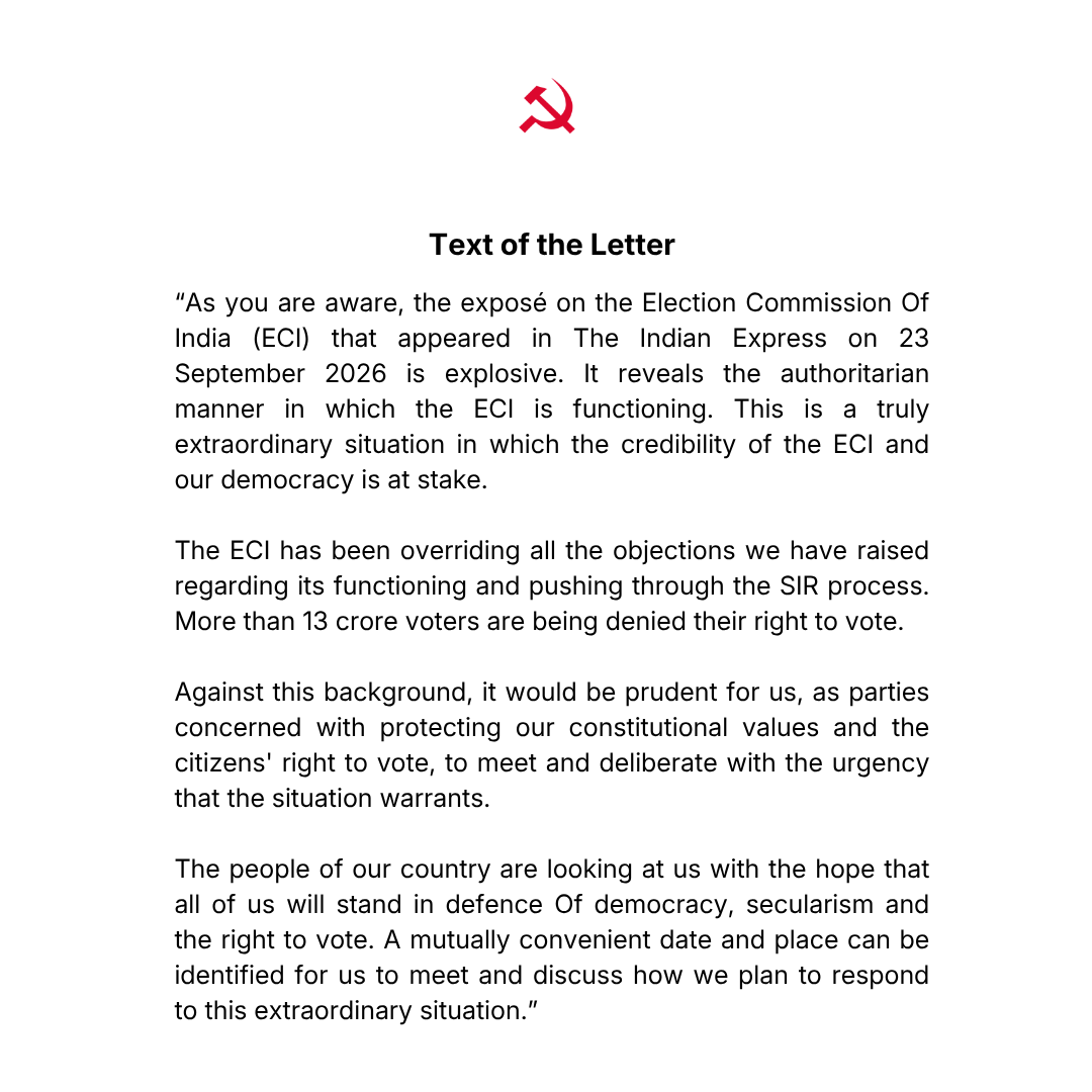 cpimspeak's tweet photo. CPI(M) General Secretary @MABABYCPIM's letter to opposition parties on the urgent need for coordinated action to defend citizens’ right to vote https://t.co/hookPm7LN6
