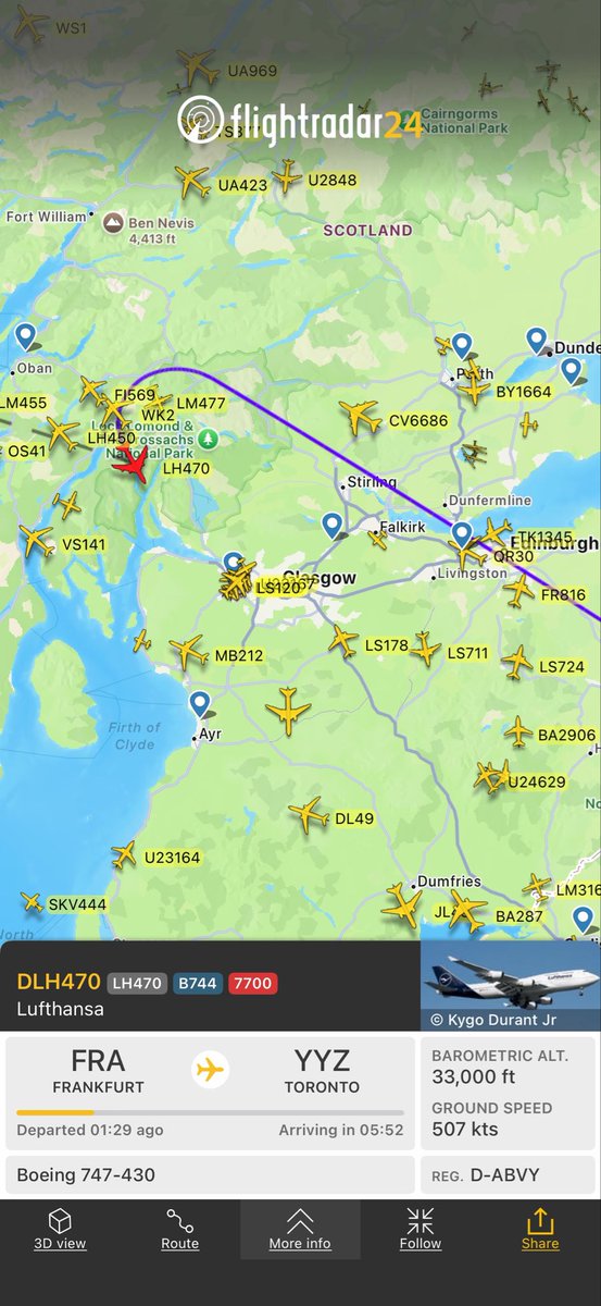 zrs70's tweet photo. A Lufthansa 747 has issued an in-flight emergency not long after departing Frankfurt.   Flight LH470 from Frankfurt to Toronto #lh470 #lufthansa #frankfurt #squawk7700 
https://t.co/ppMvZCy5fW https://t.co/Kzr75a1PEj