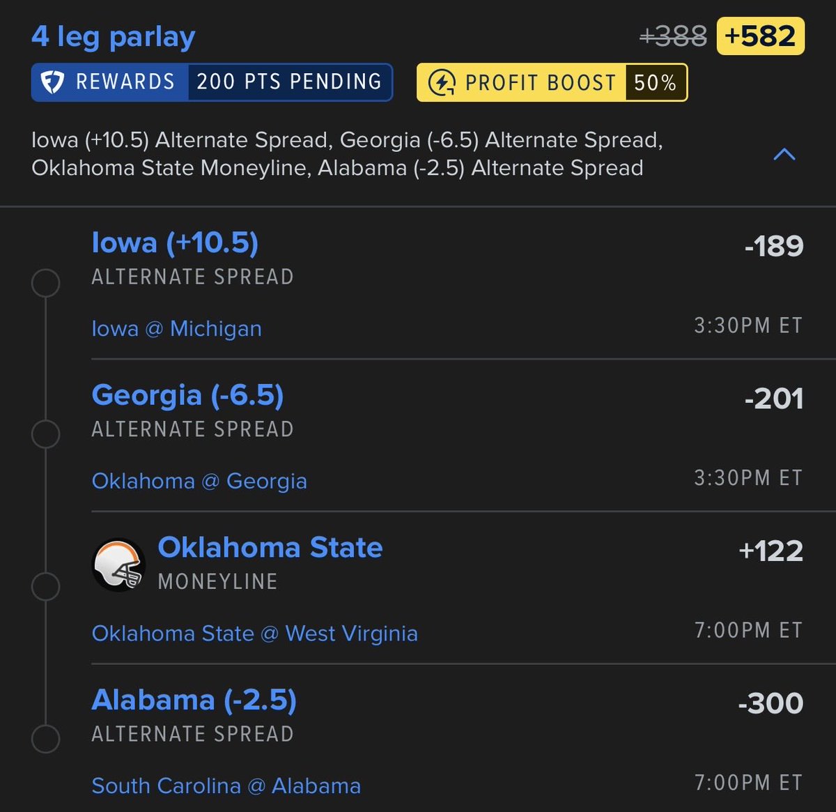 Venz_BullyBets's tweet photo. CFB Parlay 9/26/26 💰
College Football Saturday 🏈
Week 4 Bet 4️⃣

4 Leg SGP (+582) 🚀
- Iowa +10.5 🦅
- Georgia -6.5 🐶
- Oklahoma State ML 🤠
- Alabama -2.5 🐘

NFL bets TOMORROW ‼️🏈
NFL Sunday parlays soon.. ☀️🤑
FOLLOW 💰 https://t.co/LodZqsly4q