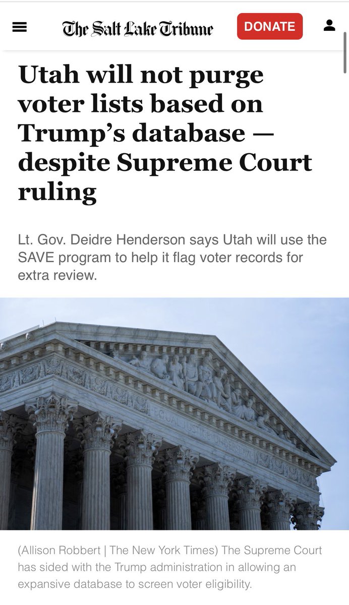 SophieAnde49073's tweet photo. Utah will continue to pretend the emperor wears clothes….

Deidre Henderson has spent years obstructing transparency and shielding Utah’s voter rolls from real scrutiny. Not because she’s protecting “privacy.” Because she’s protecting the system.

The issue was never that hordes of illegal aliens are lining up to vote. The issue is that the establishment that controls every piece of the election machinery, including the Vista voter database, uses those records as blank-check signatures to qualify candidates and as ballots to feed the tabulators. 

Henderson’s consistent refusal to open the full rolls, even after federal demands and court fights, keeps that machinery intact.

The Supreme Court just cleared the way for states to use the SAVE database. Utah’s response under Henderson: we will not purge. We will “flag for extra review.” 

Same playbook she’s run for years - delay, withhold, and protect the status quo.