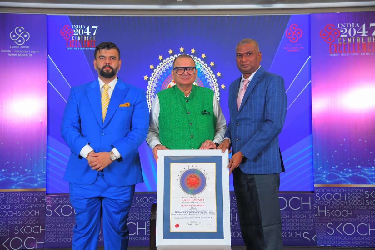 Socialauditap's tweet photo. AP Social Audit Society (SSAAT) creates history by winning the prestigious SKOCH GOLD Award, becoming the first State Social Audit Unit in the country to receive this coveted national honour.

G. Srikanth, Director, SSAAT, received the award under the guidance of Hon’ble Deputy Chief Minister & PR&RD Minister Shri @PawanKalyan Garu.

A proud national recognition of Andhra Pradesh’s commitment to transparency, accountability, public participation and people-centric governance.

A historic milestone for AP. A proud moment for Social Audit.

#SSAAT #SKOCHGoldAward #SocialAudit #AndhraPradesh #PawanKalyan