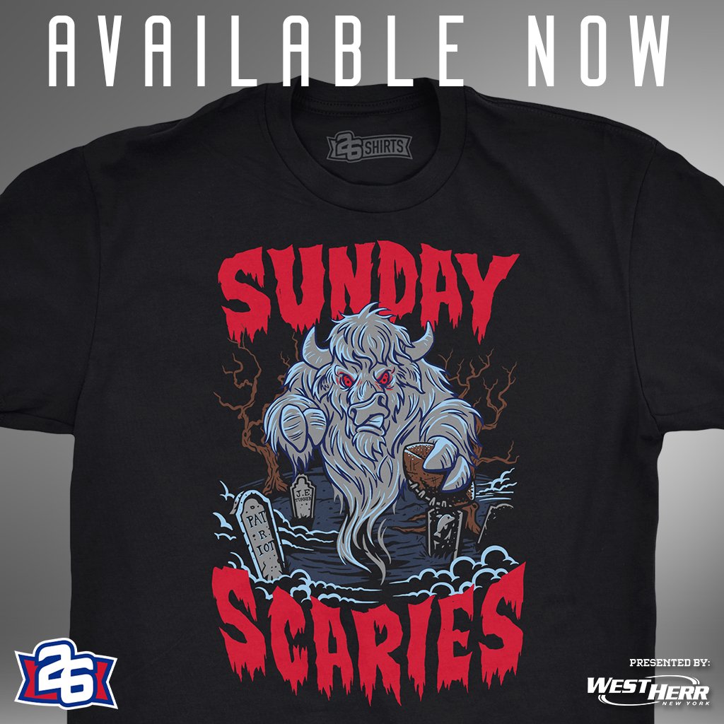 26shirts's tweet photo. Sundays just got a whole lot scarier. 👻🏈

Our newest limited release, "Game Day Frights," supports Lancaster legend Jeff Schmid.

Presented by @westherr, and guaranteed to arrive ahead of Halloween!
https://t.co/RZ8hIFbgI6 #BillsMafia https://t.co/h3wdHtcHgi