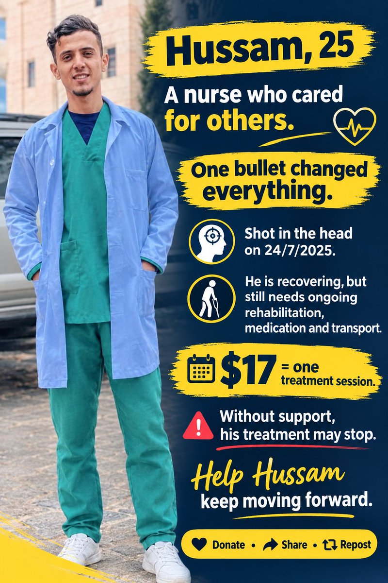 HelpNurseHusam's tweet photo. Hussam was a nurse who cared for others. One bullet changed everything. After a gunshot wound to the head, he is still working through rehabilitation to regain movement. $17 covers one treatment session. Please donate or share. ❤️🇵🇸 https://t.co/lwLQDD22rQ