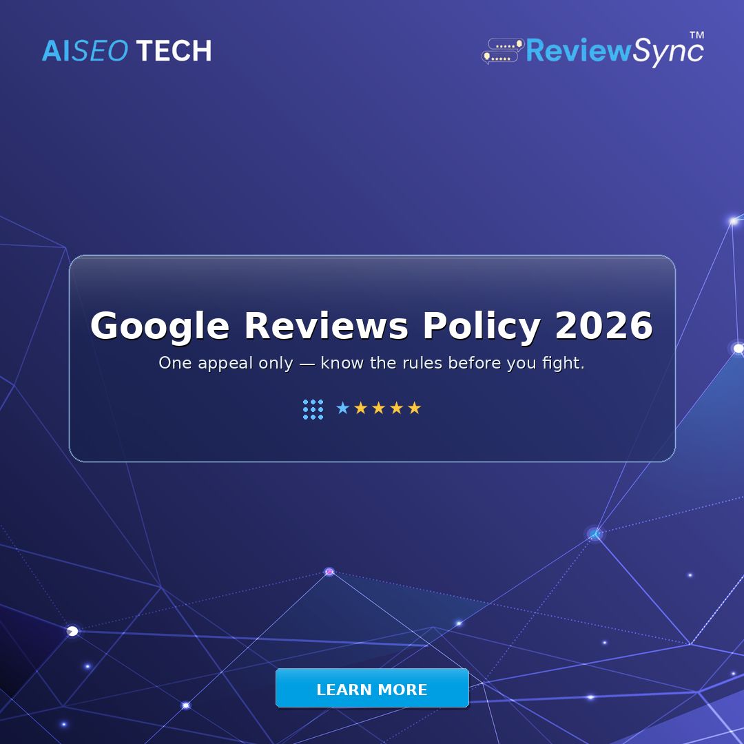AISEO_TECH's tweet photo. Google’s review rules got stricter — and appeals aren’t unlimited.

Before you fight a removal or suspension, know what “one appeal only” really means in 2026.

Full breakdown:
https://t.co/kPrtcSChuh

#GoogleReviews #LocalBusiness #ReviewSync https://t.co/ADqr0RNN8B