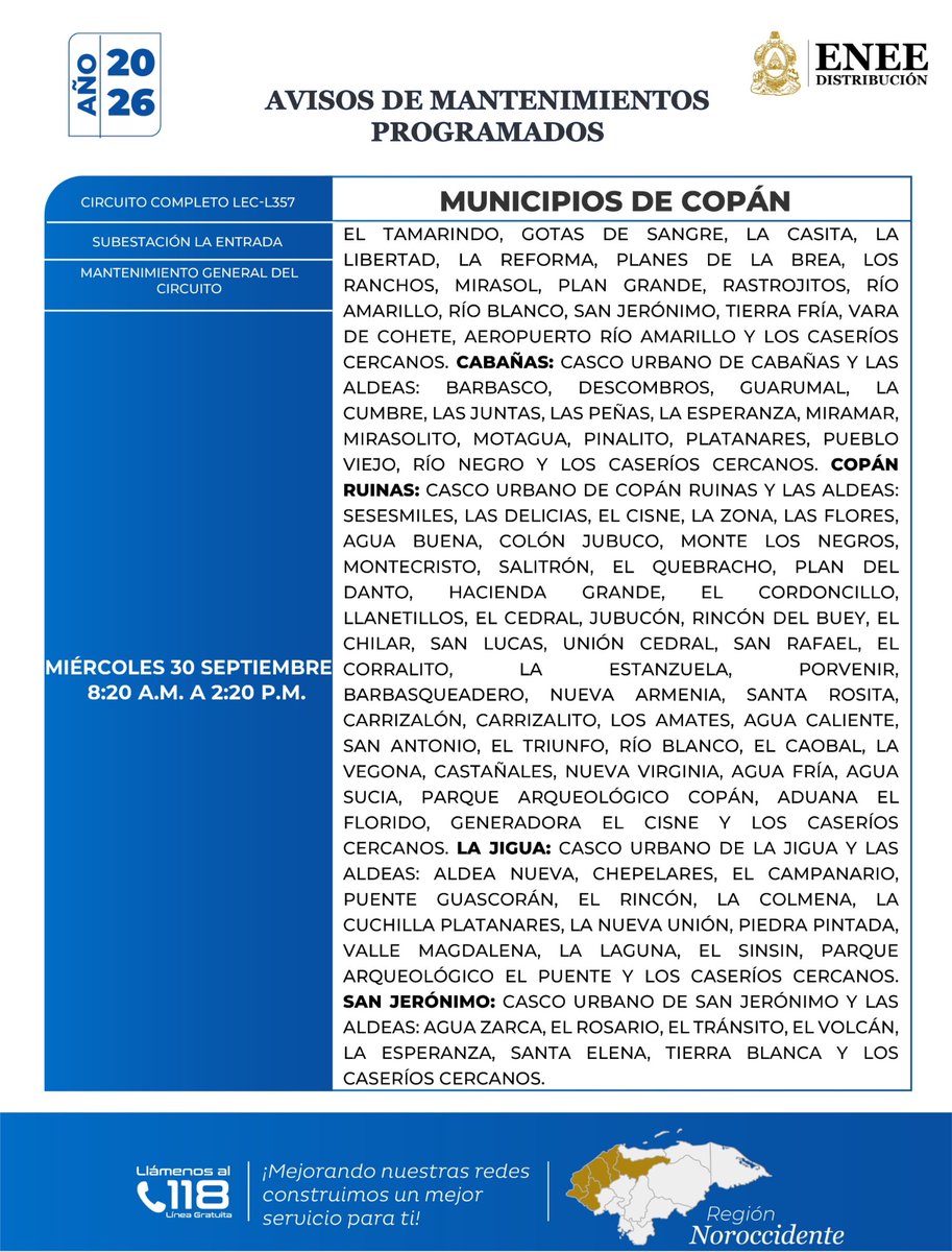 EneeHnOficial's tweet photo. #ENEEINFORMA | Conozca los mantenimientos programados de Distribución para la semana del lunes 28 de septiembre al domingo 4 de octubre de 2026, a nivel nacional, como parte de las labores para mejorar y fortalecer la red eléctrica.
Consulte los sectores y horarios ingresando en el siguiente enlace:
https://t.co/rUAOOAVgSu
