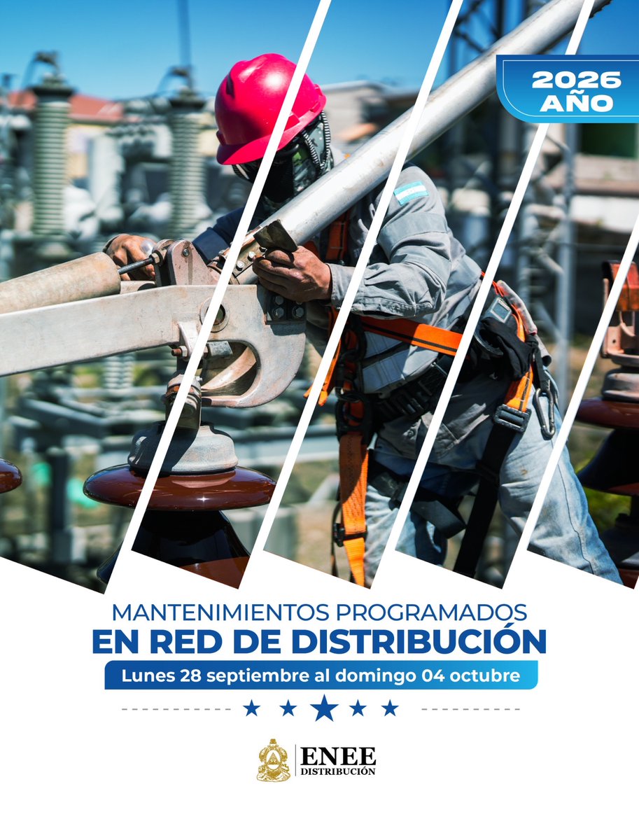 EneeHnOficial's tweet photo. #ENEEINFORMA | Conozca los mantenimientos programados de Distribución para la semana del lunes 28 de septiembre al domingo 4 de octubre de 2026, a nivel nacional, como parte de las labores para mejorar y fortalecer la red eléctrica.
Consulte los sectores y horarios ingresando en el siguiente enlace:
https://t.co/rUAOOAVgSu