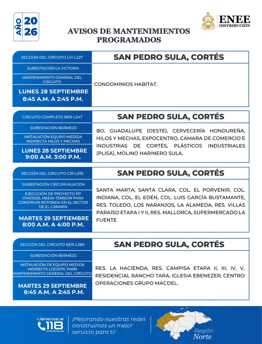 EneeHnOficial's tweet photo. #ENEEINFORMA | Conozca los mantenimientos programados de Distribución para la semana del lunes 28 de septiembre al domingo 4 de octubre de 2026, a nivel nacional, como parte de las labores para mejorar y fortalecer la red eléctrica.
Consulte los sectores y horarios ingresando en el siguiente enlace:
https://t.co/rUAOOAVgSu
