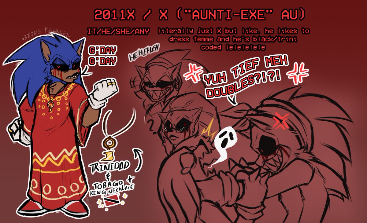KIINGKIISMET's tweet photo. I return to this wretched platform after 4 years

i bring forth my 2011x spin-off as a peace offering:  Aunty X / AUNTI-EXE. She's from trinidad and she traps people into the woods. 

✦ #art #artwork #2011x #sonicexe #sonic #sonicthehedgehogㅤㅤㅤ #auntyx #execommunity ✦ https://t.co/zeZnNoNcnR