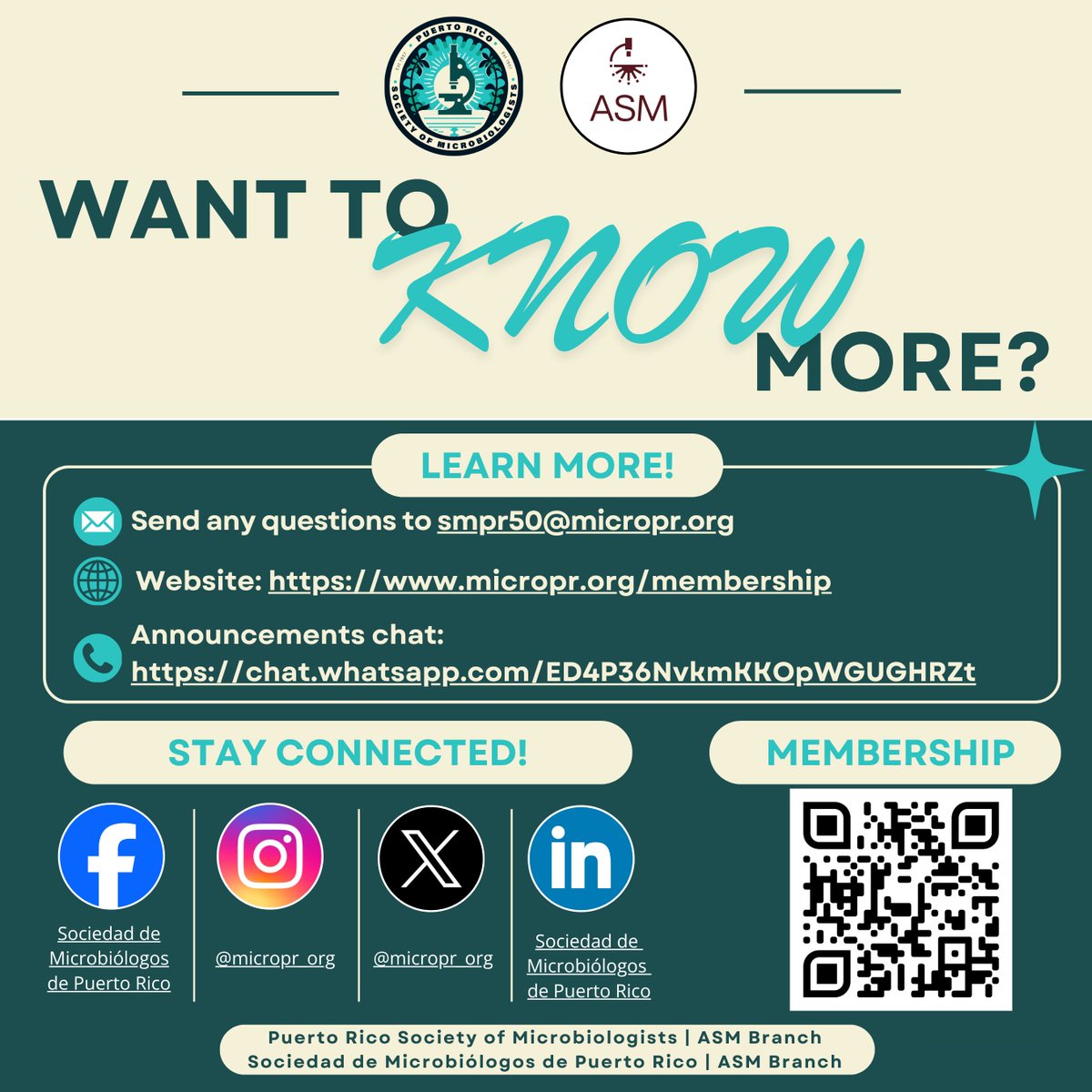 micropr_org's tweet photo. 🦠 ¡Únete o renueva tu membresía 2026-2027 con la Sociedad de Microbiólogos de Puerto Rico!🔬

💳 Membresía regular: $35
🎓 Membresía estudiantil: $15
🔗 Completa tu membresía en https://t.co/lmCwMvSOzw https://t.co/OMl012CmZC