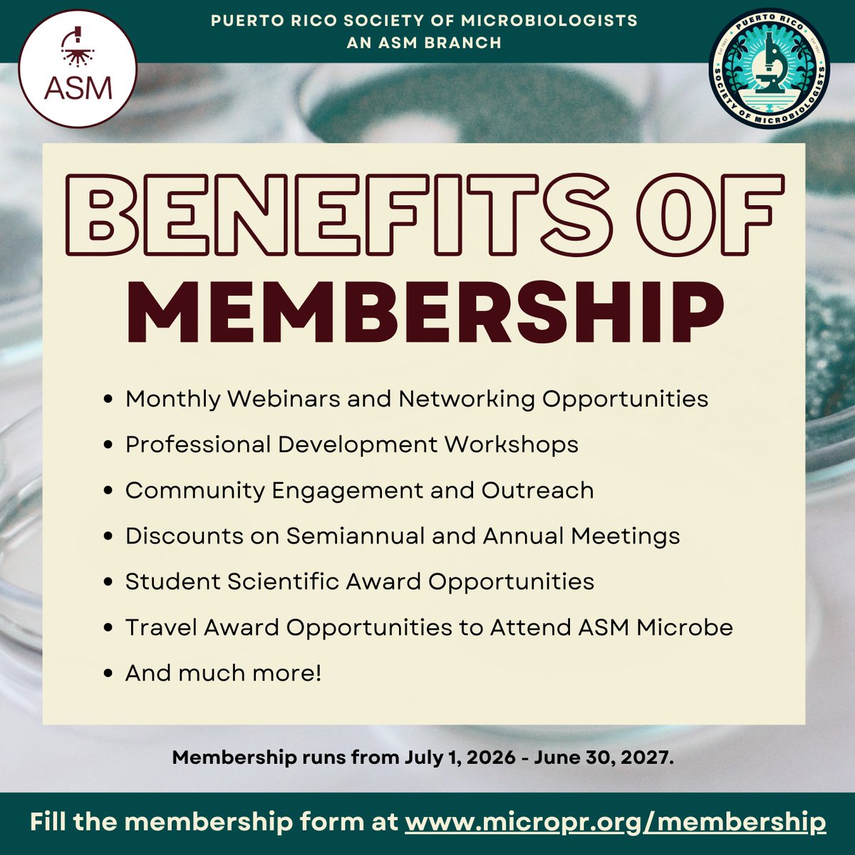 micropr_org's tweet photo. 🦠 ¡Únete o renueva tu membresía 2026-2027 con la Sociedad de Microbiólogos de Puerto Rico!🔬

💳 Membresía regular: $35
🎓 Membresía estudiantil: $15
🔗 Completa tu membresía en https://t.co/lmCwMvSOzw https://t.co/OMl012CmZC