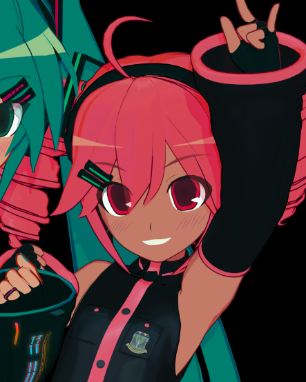 kzzrttt's tweet photo. teto's color pallet works so well with tanned/dark skin that seeing photos of her with her default skin color doesnt feel right anymore. that vibrant pink and brown just look so good together lol https://t.co/6dzgtPwmtT