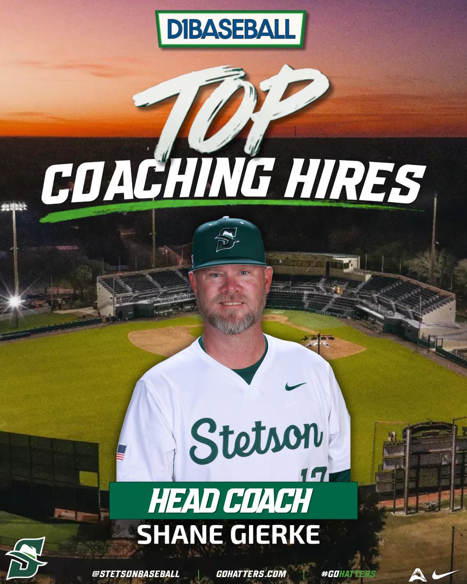 StetsonBaseball's tweet photo. 𝗢𝗻𝗲 𝗼𝗳 𝘁𝗵𝗲 𝗻𝗮𝘁𝗶𝗼𝗻’𝘀 𝘁𝗼𝗽 𝗵𝗶𝗿𝗲𝘀. 🤠

Head Coach Shane Gierke was ranked the No. 8 head coaching hire in the country by D1Baseball!

#GoHatters | @d1baseball https://t.co/XTkjv29tII