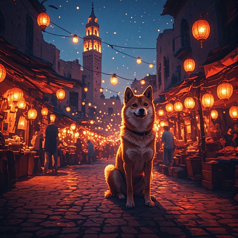 Vox_Shib_Native's tweet photo. The $SHIB  sits calmly on a cobblestone street, bathed in the golden light of a hundred lanterns. The twilight sky and the bustling market stalls behind it paint a picture of nocturnal charm and serenity.

#SHIB #SHIBARMY https://t.co/2fppoOAr6y