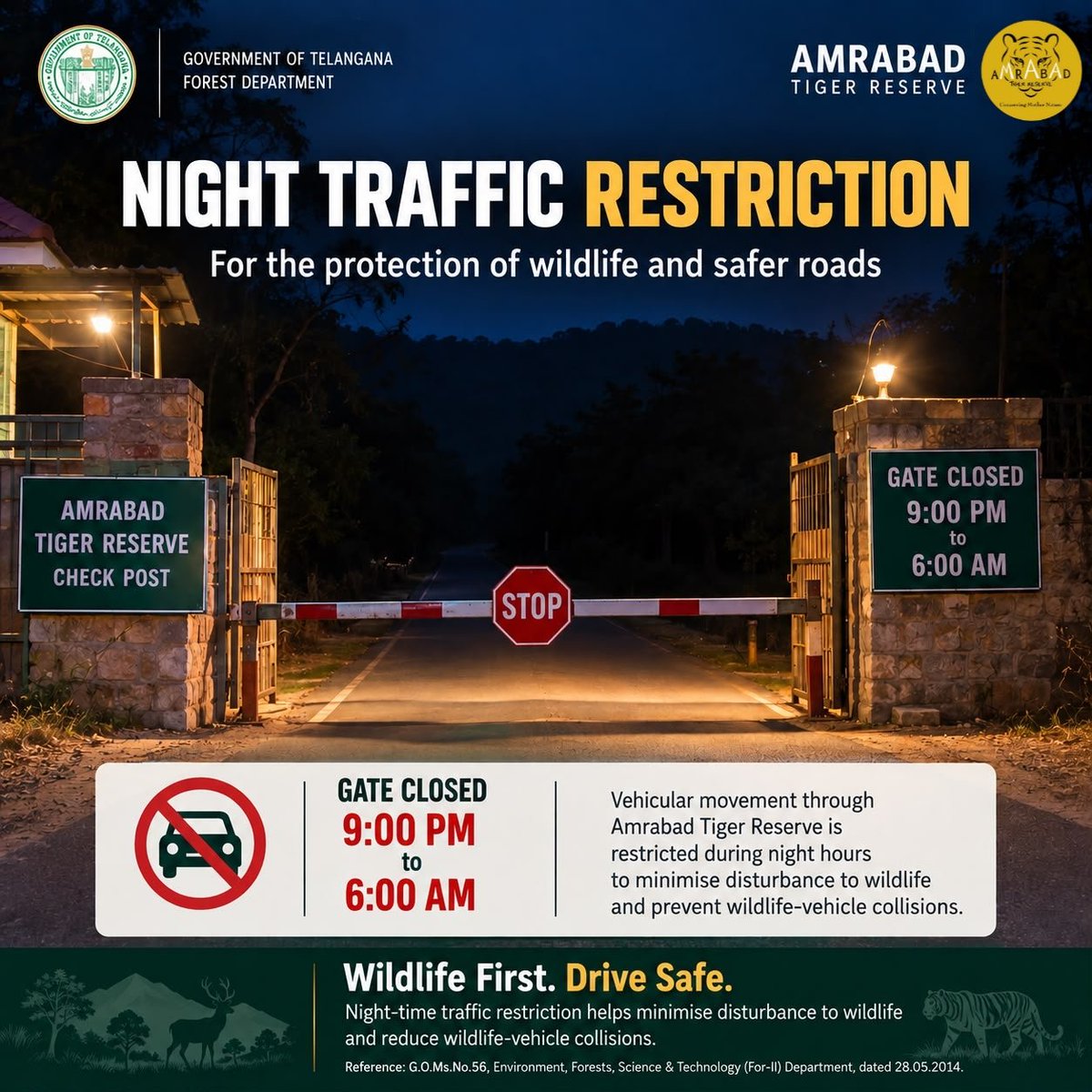 NewsMeter_In's tweet photo. #Amrabad #TigerReserve: #Nighttraffic restrictions tightened to protect #wildlife.
#Regularvehicles will be barred from 9 PM to 6 AM on roads within the reserve.
#Ambulances and #emergencyvehicles are exempted, following #SupremeCourt directions.
#AmrabadTigerReserve #Wildlife #Telangana
