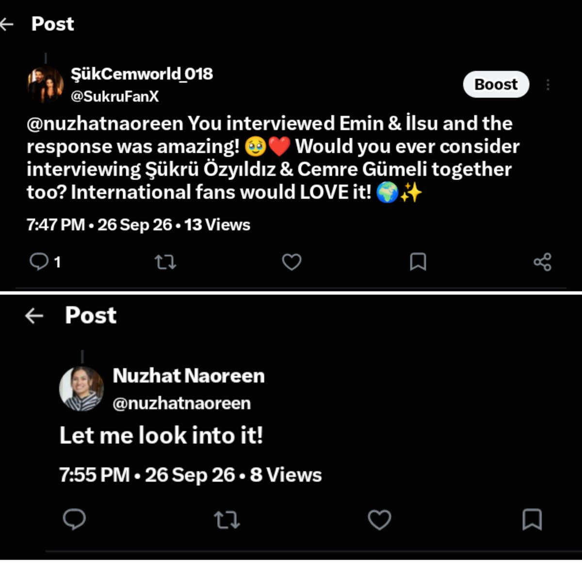 SukruFanX's tweet photo. Guys, she’s a journalist currently doing online interviews with Emin &amp; İlsu from Arafta🥹❤️I just messaged her about considering an online interview with Şükrü &amp; Cemre, and she replied that she’ll look into it🙏🏻

Could you guys message her too?This is her account: @nuzhatnaoreen https://t.co/Z5Sn1Qsm0o