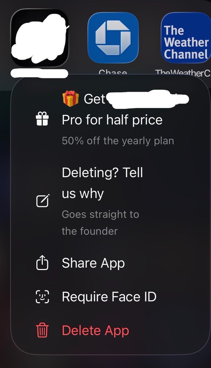 ChadAppDev's tweet photo. This is the EASIEST way to turn users who are about to delete your app into paying subscribers

You should have these options in all of your apps https://t.co/tETFoCWStv