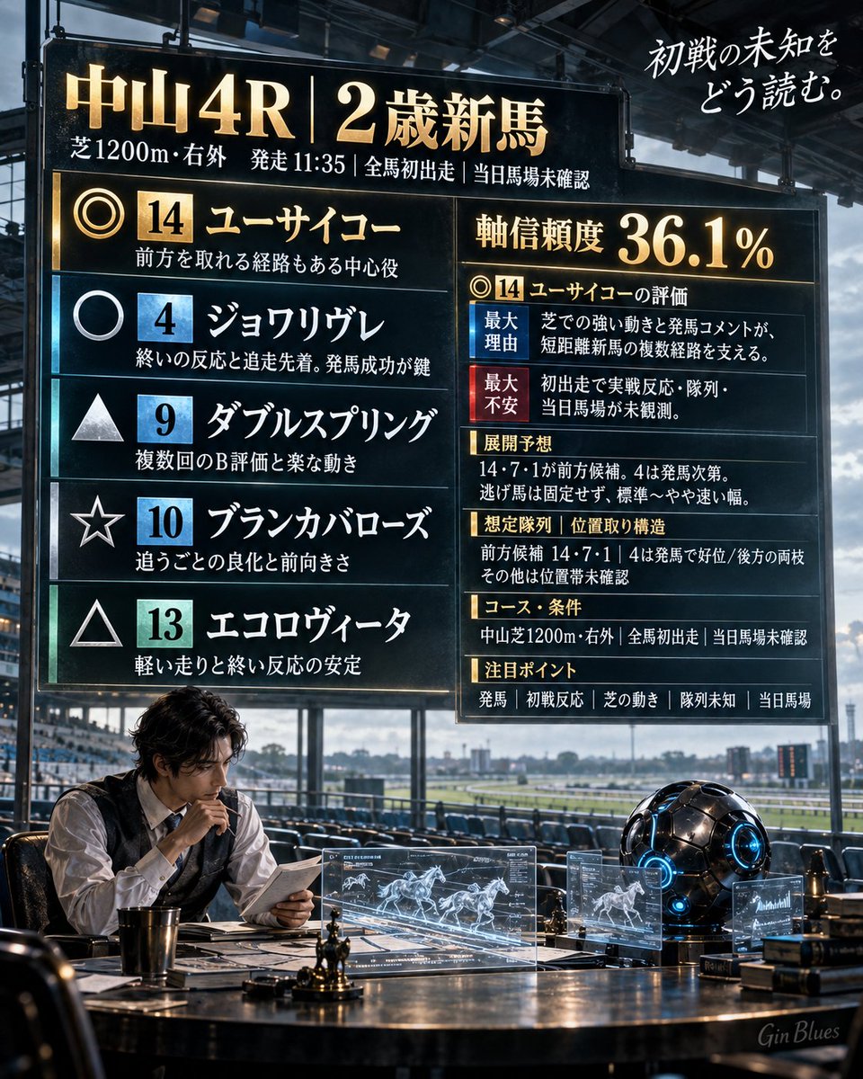senryuhanabi's tweet photo. 9/27 中山 4R｜2歳新馬
芝1200m・右外

14番ユーサイコーは、芝での強い動きと発馬コメントを軸に評価。前方を取れる経路を持つ一方、全馬初出走で実戦反応・隊列・当日馬場は未観測。

◎14 ユーサイコー
○4 ジョワリヴレ
▲9 ダブルスプリング
☆10 ブランカバローズ
△13 エコロヴィータ

◎14 ユーサイコー
1着予測 14%｜3着内予測 36%

【展開予想】
14・7・1には発馬に前向きな直接材料があり、前方候補。4は発馬成否で好位・後方の両方を想定。逃げ馬は固定せず、未知の先行馬も残るため、流れは標準〜やや速い幅で見る。

【想定隊列｜位置帯】
前方候補：14・7・1
発馬成功なら好位候補：4
位置帯未確認：2・3・5・6・8・9・10・11・12・13・15

全馬初出走のため、確認できていない馬の位置を無理に前・中・後へ振り分けない。

【◎14 ユーサイコーの勝ち筋】
発馬をまとめて前方の経路を取れたうえで、調教で見せた芝での強い動きを実戦でも出せる形。単騎逃げを前提とはせず、自分の位置を確保できれば勝ち切る経路が最も明確になる。

【◎14 ユーサイコーの崩れ条件】
・発馬が決まらず、想定する前方経路を取れない
・初実戦の反応や気性が想定外に振れる
・未知馬の先行や当日馬場の変化で、隊列・条件が不利側へ振れる

【コース・条件】
中山芝1200m・右外。全馬初出走で、コース適性や実戦での位置取りは未観測。当日馬場も前日時点では未確定。調教や厩舎コメントから芝・短距離への適性を限定的に評価し、確認できない部分は確認できないまま残した。

【全頭診断｜3着内予測順】

◎14 ユーサイコー｜1着 14%｜3着内 36%｜芝での強い動きと発馬材料。前方を取れる経路があり、初戦態勢はプラス。

○4 ジョワリヴレ｜1着 12%｜3着内 33%｜終いの反応と追走先着が強い。発馬成功時の勝ち切り経路が明確。

▲9 ダブルスプリング｜1着 11%｜3着内 31%｜複数回のB評価と楽な動き。初戦態勢はプラスで再現性を評価。

☆10 ブランカバローズ｜1着 10%｜3着内 28%｜追うごとの良化と前向きさ。上位とは異なる上昇経路。

△13 エコロヴィータ｜1着 9%｜3着内 26%｜軽い走りと終いの反応が安定。補完的な好走経路を持つ。

―7 ピンクダイアモンド｜1着 8%｜3着内 25%｜発馬に前向きな直接材料があり前方候補。初戦態勢もプラス。

―5 ミエノヴィヴィッド｜1着 8%｜3着内 23%｜初戦態勢はややプラス。位置取りは未確認だが上位圏の余地を残す。

―1 リゼスカーレット｜1着 7%｜3着内 21%｜発馬に前向きな直接材料。実戦能力は未観測で不確実性は残る。

―12 フレンチネイル｜1着 6%｜3着内 18%｜初戦態勢はややプラス。位置取りは未確認で実戦対応が鍵。

―6 アッパレヤ｜1着 5%｜3着内 17%｜調教・条件材料は混在。位置取り未確認で振れ幅が大きい。

―8 ナムラジョン｜1着 5%｜3着内 15%｜初戦態勢は混在。位置取り未確認で実戦反応の不確実性が残る。

―11 コックコート｜1着 4%｜3着内 13%｜材料は混在。実戦能力と位置取りが未観測で再現性確認が残る。

―3 マルジョレーヌ｜1着 3%｜3着内 9%｜初戦態勢はややマイナス。位置取り材料が薄く、上位経路の根拠は弱め。

―15 リオビーチ｜1着 2%｜3着内 4%｜初戦態勢はややマイナス。取得済み材料では上位群に対する明確な強みが薄い。

―2 アイファーティアラ｜1着 1%｜3着内 2%｜初戦態勢はややマイナス。発馬・位置取り未確認で不確実性が大きい。